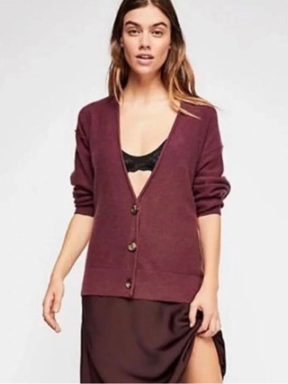 Free People School Boy 100% Cashmere Cardi Sz L Burgundy Chunky Buttons Academia